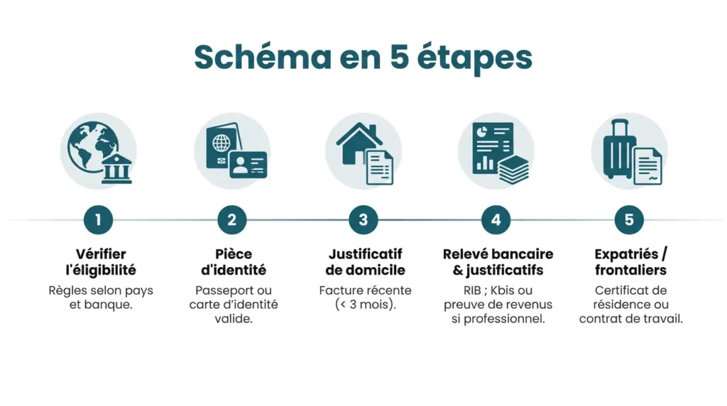 Schéma en 5 étapes pour ouvrir un compte bancaire à l'étranger sans y résider