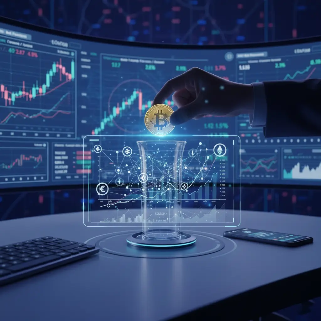 Investissement cyptomonnaie montrant une main, un graphique et un bitcoin