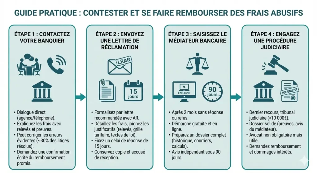 Les 4 étapes du processus de contestation des frais bancaires abusifs : contact banquier, lettre recommandée, médiateur bancaire et recours judiciaire