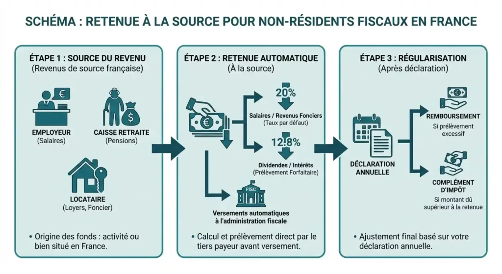 Schéma explicatif du fonctionnement de la retenue à la source sur les revenus de source française pour les non-résidents