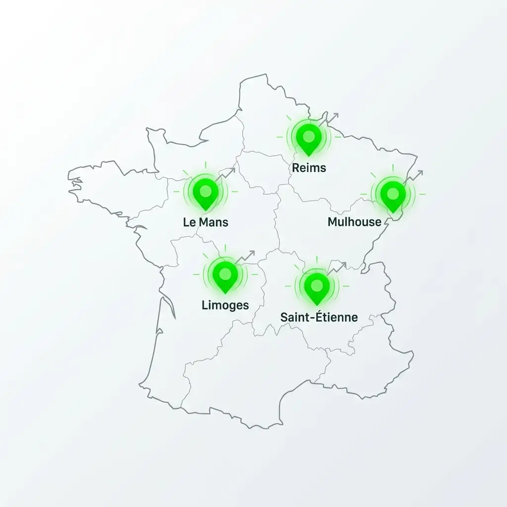 Carte de France indiquant les cinq villes où l'achat immobilier s'amortit rapidement : Le Mans, Limoges, Mulhouse, Saint-Étienne et Reims.