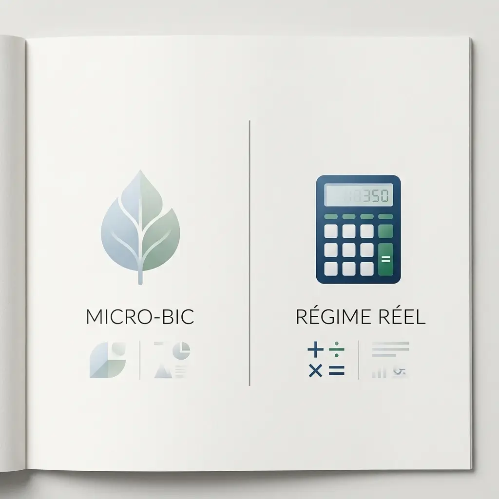 Comparaison visuelle micro-BIC versus régime réel LMNP : abattement forfaitaire, amortissement, déduction des charges et complexité administrative.