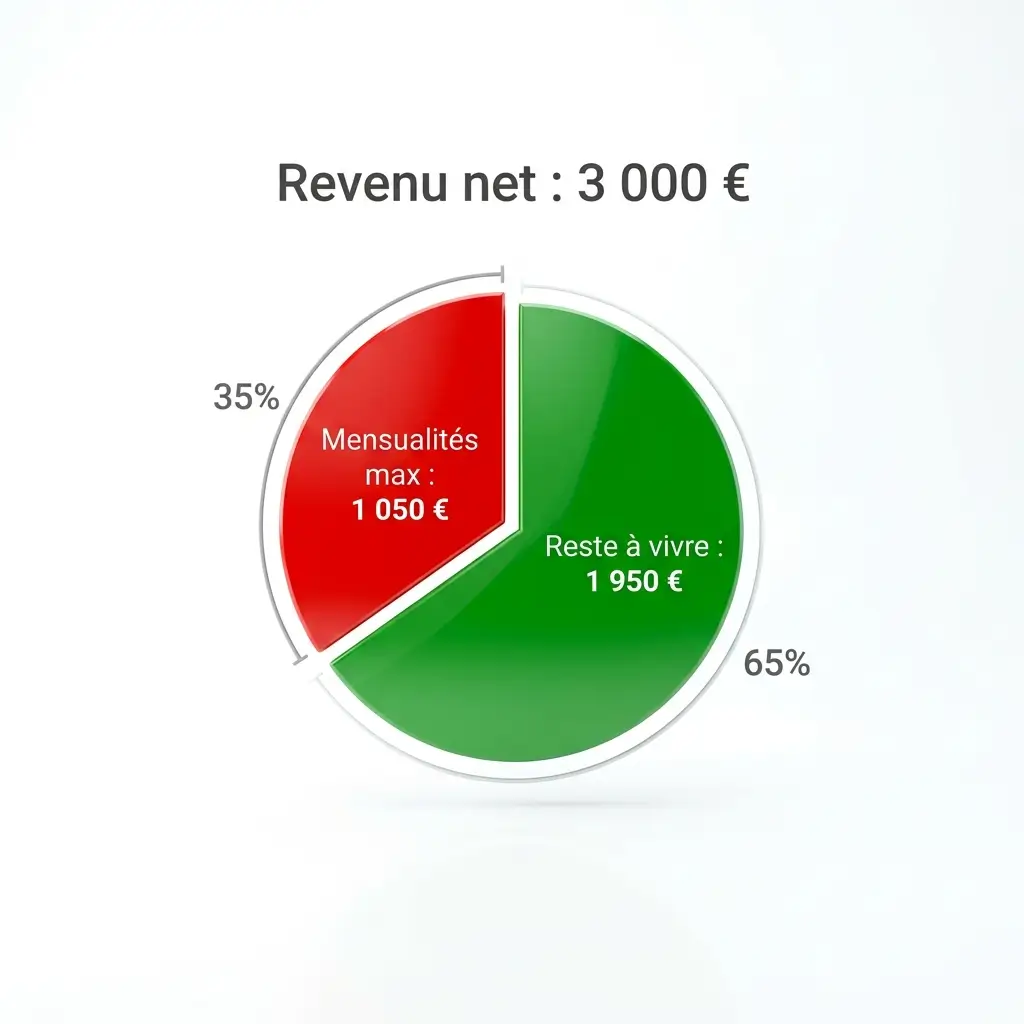 Diagramme illustrant la règle HCSF : sur 3 000 € nets, 1 050 € maximum pour les mensualités (35 %) et 1 950 € de reste à vivre.