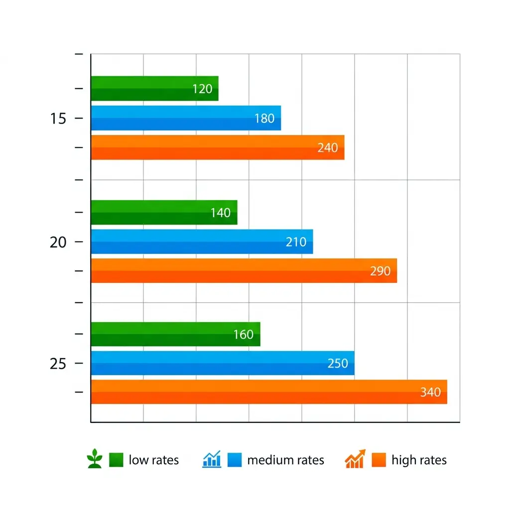 Graphique en barres comparant les fourchettes de taux immobiliers en France sur 15, 20 et 25 ans selon le profil emprunteur en 2026.