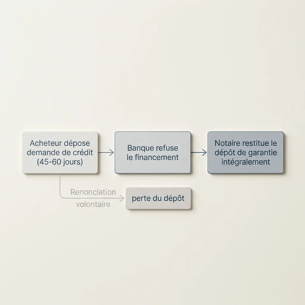 Schéma du fonctionnement de la clause suspensive de prêt immobilier : de la demande de crédit au remboursement du dépôt de garantie en cas de refus bancaire.