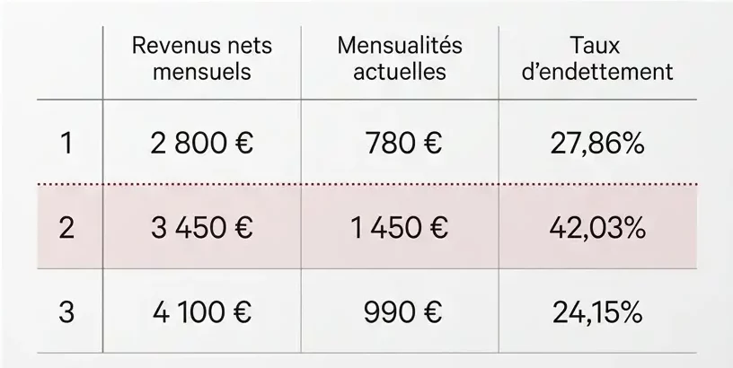 Tableau comparatif rachat de crédit : mensualité réduite de 850 € à 520 € mais coût total des intérêts passant de 4 200 € à 8 900 €.