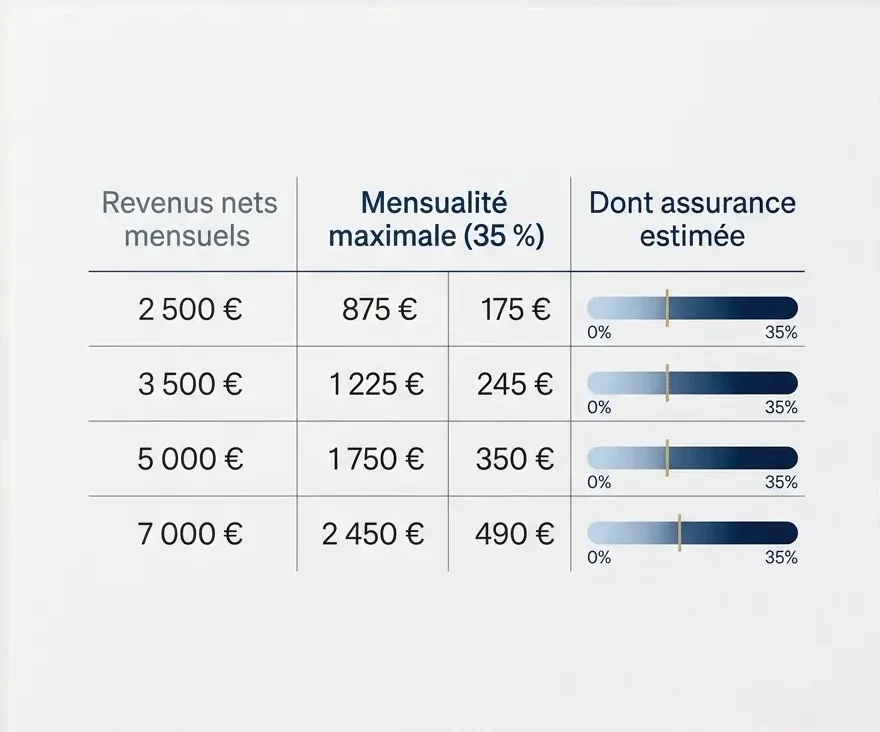 Tableau illustrant le plafond d'endettement à 35 % des revenus nets avec les mensualités maximales pour quatre niveaux de revenus mensuels.